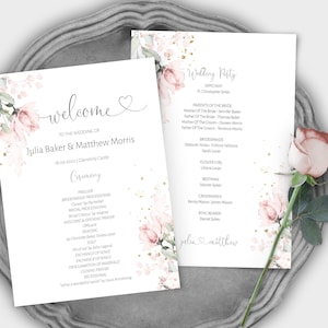 Blozen roze bruiloft programmasjabloon, roze bloemen, afdrukbare volgorde van service, aangepaste kaart van A5-formaat, plat programma, INSTANT DOWNLOAD, W-IZZY