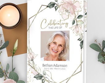 Pink Floral Funeral Program Template, Celebration of Life (Instant Download)