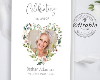 Pink Floral Funeral Program Template, Celebration of Life (Instant Download)