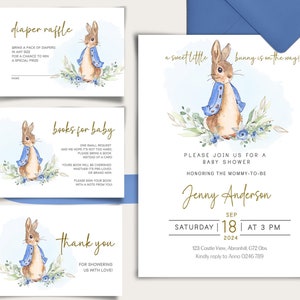 Peter Rabbit Baby Shower Bundle EDITABLE Bunny Invitation Set, Flopsy Boy Blue Instant Download Invite Set Baby Shower Digital Template PRBS