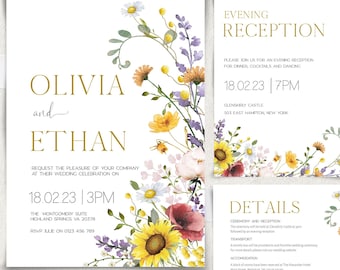 Wedding Invitation Template Suite, Wildflower 4 Piece Wedding Invitation Set, Instant download, Editable, Printable wedding invite, MEADOW