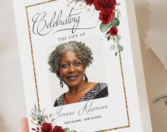 Red Roses Funeral Program Template, Celebration of Life (CANVA)