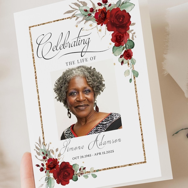 Red Roses Funeral Program Template, Celebration of Life (CANVA)