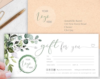 Greenery Gift Certificate Template, Printable Holiday Gift Cards, Editable Gift Card, Gift Voucher Template, Printable Marketing Certificate