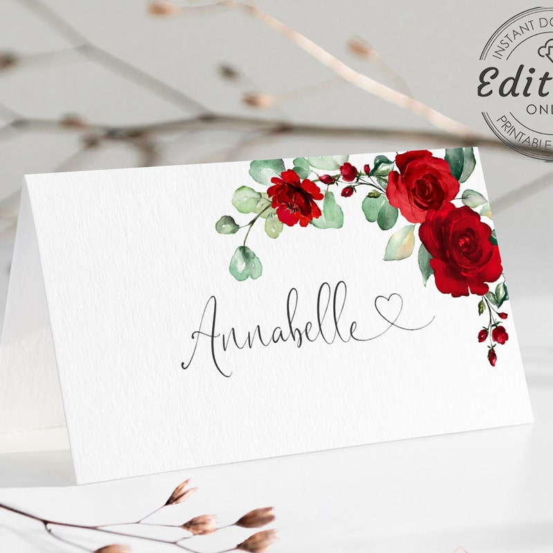 Place Card With Red Roses Etsy