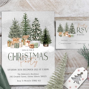 Bewerkbare kerstuitnodiging en RSVP-kaart, feestuitnodiging, vakantie bomen uitnodiging, RSVP kerstfeest uitnodiging, direct downloaden