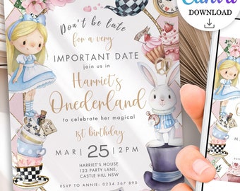 May include: A pink and white Alice in Wonderland themed first birthday party invitation with a watercolor illustration of Alice, a white rabbit, and a Mad Hatter's hat. The invitation includes the text "Don't be late for a very important date, join us in Harriet's Onederland to celebrate her magical 1st birthday, Mar 25 | 2PM, Harriet's House, 123 Party Lane, Castle Hill NSW, RSVP to Annie: 0234 567 890".