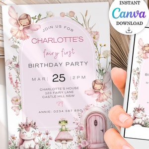 Fairy First Birthday Invitation Template Pink Fairy Invite Template Printable Fairy Invite Cute Fairy Canva Template First Birthday-CANVA