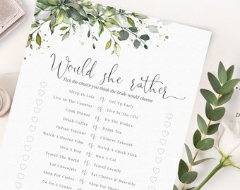 Greenery Bridal Shower Game, Would She Rather (Digital Download)