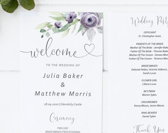Purple Floral Wedding Program Template, Editable Order of Service (Instant Download)