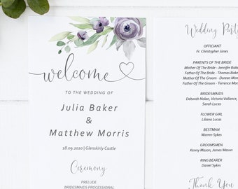 Purple Wedding Program Template, Printable Order of Service, 100% Editable Text, Flat Program, Diy, INSTANT DOWNLOAD, SUZY