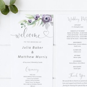 Plantilla de Programa de Bodas Púrpura, Orden de Servicio Imprimible, Texto 100% Editable, Programa Plano, Bricolaje, DESCARGA INSTANTÁNEA, SUZY