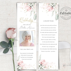 Funeral Bookmark Template, Editable, Printable Funeral Bookmark, Pink Floral Memorial Bookmark, Bookmark Memorial Keepsake, F-IZZY