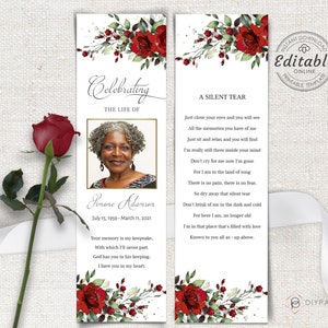 Editable Funeral Bookmark Template, Printable Funeral Bookmark, Red Floral Memorial Bookmark, Bookmark Memorial Keepsake, F-BIRNIE image 1