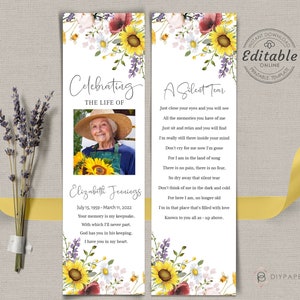 Editable Funeral Bookmark Template, Sunflower Printable Funeral Bookmark, Yellow Floral Memorial Bookmark, Memorial Keepsake, MEADOW