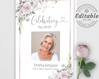 Pink Floral Funeral Program Template, Order of Service (Instant Download)