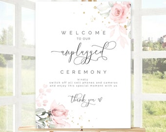 Unplugged Ceremony Sign, Pink Floral Unplugged Wedding Sign Template, No Pictures, No Photos, No Mobile, No Cell Phone, W-IZZY