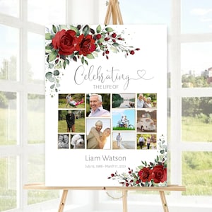 Multiple Photo Sign, Red Roses Funeral Welcome Sign, Printable Funeral Welcome Sign, Funeral Memory Sign Photo Collage, F-BIRNIE