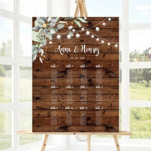 Rustieke bruiloft zitplaatsen grafiek, groen bruiloft tafel plan sjabloon, bewerkbaar, afdrukbare tafel plan, INSTANT DOWNLOAD, hout look festoen