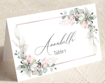 Pink Wedding Place Cards template, Watercolor Blush Pink Place Name Card, Printable, Editable Template, Pink Floral Wedding Cards, W-IZZY2