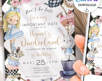 Pode incluir: Convite para uma festa de aniversário com tema Alice no País das Maravilhas com um fundo xadrez preto e branco. O convite apresenta uma Alice de desenho animado, um coelho branco e um Chapeleiro Maluco. O texto do convite diz: "Não se atrase para uma data muito importante, junte-se a nós em Harriet's Onederland para celebrar seu mágico 1º aniversário. Mar 25 12PM. Harriet's House, 123 Party Lane, Castle Hill NSW. RSVP para Annie: 0234 567 890."
