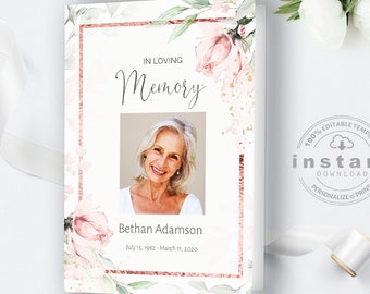 Pink Floral Funeral Program Template, Editable Memorial (Instant Download)