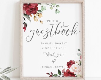 Photo Guestbook Sign, Burgundy Editable Sign, Personalized Wedding Guest Sign, Instant Download, Printable Guest Book Sign, BIRNIE