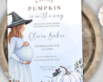 Little Pumpkin Baby Shower Invitation: Halloween Witch Theme (Canva Template Digital Download)