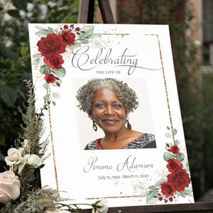 Funeral Welcome Sign, Celebration of Life Poster, Red and Gold Funeral Sign, Memorial Sign, Funeral Décor, F-BIRNIE