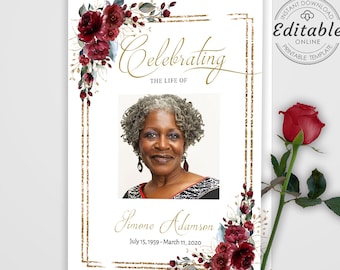 Editable Funeral Program Template, Memorial Service Template, Red and Gold Memorial Program, Order Of Service, Obituary Program-BIRNIE