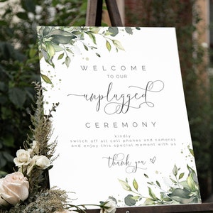 Unplugged Ceremony Sign, Large Unplugged Wedding Sign Template, No Pictures, No Photos, No Mobile, Greenery Signage, No Cell Phone, W-ALEX