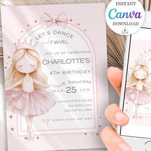 Editable Ballerina Birthday Invitation Ballet Dancer Girl Party Invite Tutu Ballerina Digital Template Instant Download Printable - CANVA