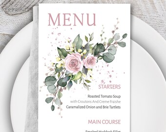 Wedding Menu Cards, Dinner Menu Cards, Pink Floral Menu, Wedding Menu Card Template, Blush Pink Wedding Menu, Romantic Wedding, W-CARMEN
