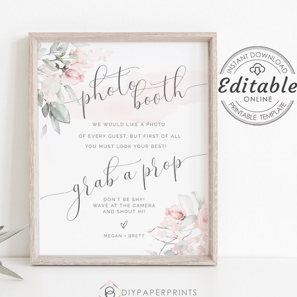 Photo Booth Sign, Printable Wedding Photo Booth Props, Pink Floral Photobooth Sign, 5" x 7" and 8" x 10" Templates, Instant Download, W-IZZY