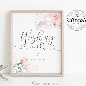 Wishing Well Sign Template, Pink Water color, Instant Download, Printable, Editable Sign, Instant Download, W-IZZY