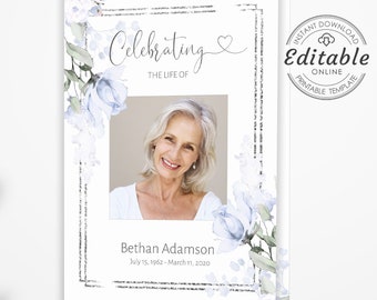 Editable Funeral Program Template, Blue Funeral Memorial, Printable Order Of Service, Celebration Of Life, Instant Download, F-IZZY-BL