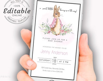 Peter Rabbit Baby-Dusche-Einladung, Baby-Dusche-Evite, Mädchen-Baby-Dusche-Evite, Peter Rabbit-Evite, elektronische Einladung, Smartphone-Evite