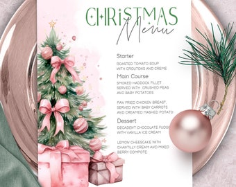 May include: A pink and green Christmas menu with a watercolour illustration of a Christmas tree, presents, and baubles. The menu includes a starter, main course, and dessert. The text reads: "Christmas Menu, Starter, Roasted Tomato Soup with Croutons and Creme, Main Course, Smoked Haddock Fillet Served with Crushed Peas and Baby Potatoes, Pan Fried Chicken Breast, Served with Baby Carrots and Creamed Mashed Potato, Dessert, Decadent Chocolate Fudge with Vanilla Ice Cream, Lemon Cheesecake with Chantilly Cream and Mixed Berry Compote."