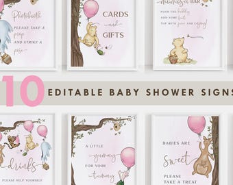 Puede incluir: Diez carteles imprimibles para una fiesta de bienvenida al bebé con personajes de Winnie the Pooh. Los carteles son rosas y blancos con ilustraciones de Winnie the Pooh, Piglet, Tigger y Eeyore. Los carteles incluyen texto como "Photobooth", "Bebidas", "Tarjetas y regalos", "Bar de mimosas", "Rifa de pañales", "Libros para el bebé", "Un pequeño detalle para tu viaje", y "Los bebés son dulces".