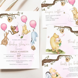 Classic Winnie The Pooh Baby Shower Invitation, Oh Baby Shower Template Set, Editable Diaper Raffle, Book Request, Thank You Card, Pink WP1P