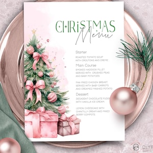 Pink Christmas Menu Card Holiday Menu Template Printable 2 Sizes Christmas Tree Christmas Menu Instant Download CHRISTMAS-CTD0925