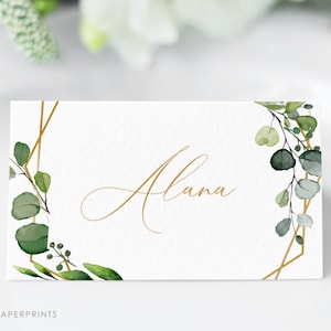 Cartões de lugar com vegetação, modelos de casamento, cartões de nome de convidado para impressão, modelo de cartões de lugar de casamento, eucalipto, W-AMY