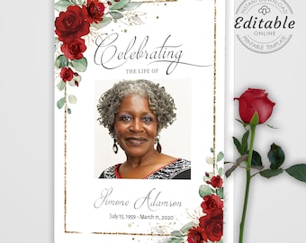 Editable Funeral Program Template, Memorial Service Template, Red and Gold Memorial Program, Order Of Service, Obituary Program F-BIRNIE