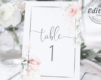 Wedding Table Number/name Card Template, Wedding Table Number, Wedding Printable, Silver and Pink Floral, INSTANT DOWNLOAD, W-IZZY