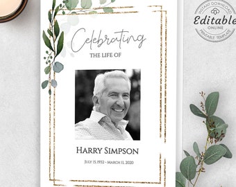 Greenery Funeral Program Template, Celebration of Life (Instant Download)