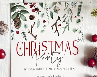 Editable Christmas Party Invitation, Winter Greenery (Instant Download)