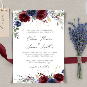 Wedding Invitation Template, Burgundy Navy Blue Flowers invites Blue Red Gold Wedding Printable Editable Template Instant Download CAMILA