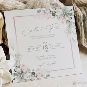 Pink Wedding Invitation Template, Watercolor Square Wedding Invitation, Instant download, Editable Template, Printable 148mm x 148mm W-IZZY2