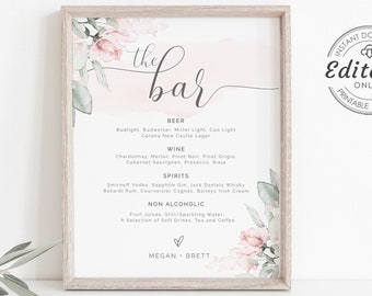 Wedding Bar Menu Sign, Pink Floral Bar Sign Template, Printable Bar Menu Sign, 5" x 7" and 8" x 10" Templates, Editable Bar Sign, W-IZZY