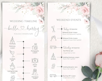 Wedding Day Timeline Template, Wedding Itinerary, Order of Events Icons, Timeline Program, 100% Editable, Pink Floral Printable W-IZZY